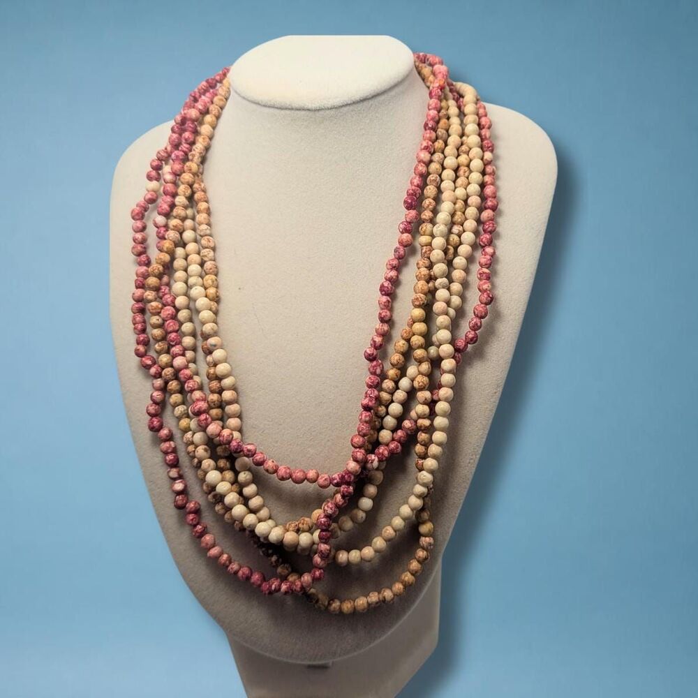 Vintage Mottled Stone Bead Necklace Set in Cream Pink and Tan